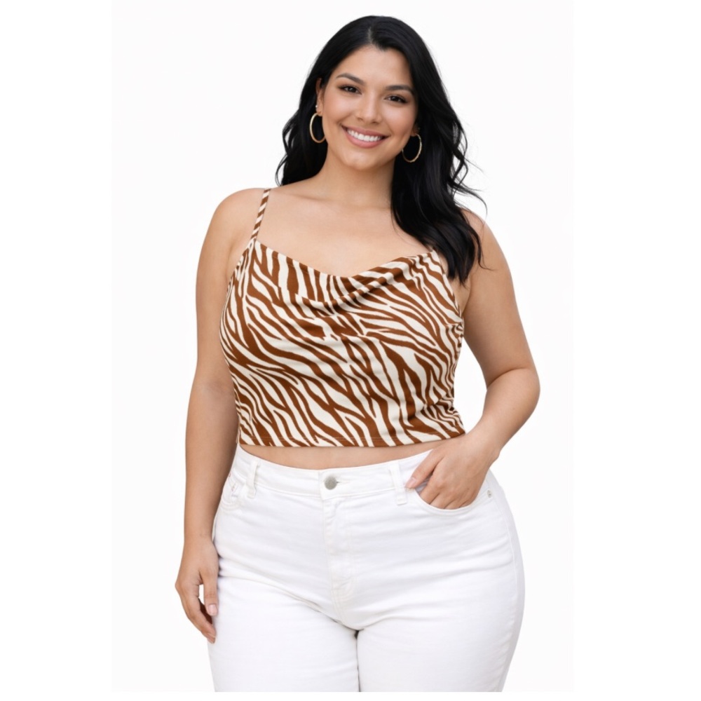 Versona Zebra Print Cowl Neck Crop Cami Top Adjustable Straps Size M